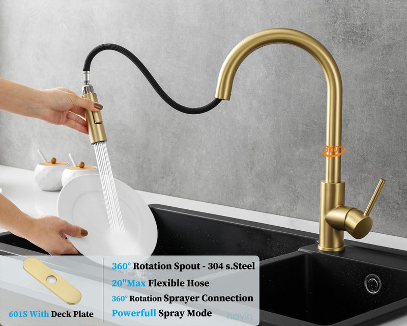 Havin Gold Kitchen Faucet with Pull Down Sprayer, High Arc Stainless Steel Material, with cUPC Ceramic Cartridge,with 10" Deck Plate,Fit for 1 or 3 Holes Kitchen Sink or Laundry Sink,Brushed Gold - Image 3